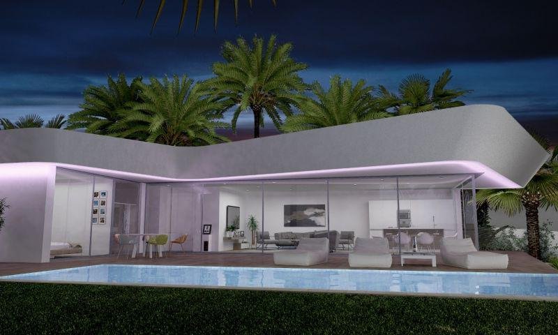 Moderna casa con piscina y palmeras