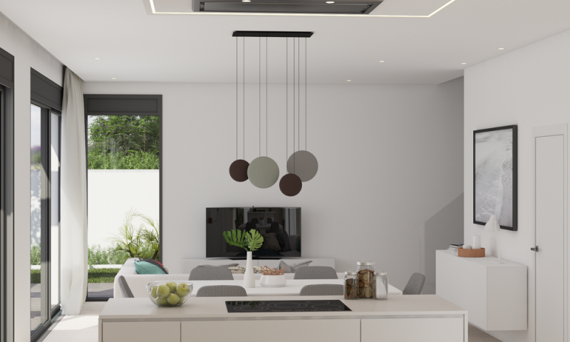 Moderna sala de estar con cocina