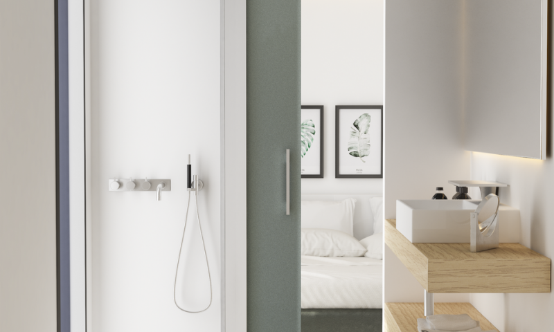 Baño moderno con ducha y lavabo